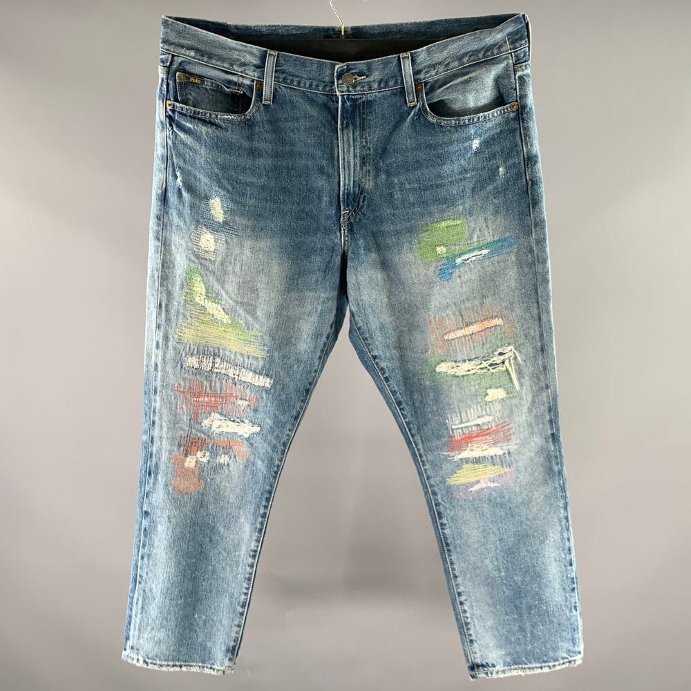 RALPH LAUREN Size 34 Blue Distressed Denim Jeans